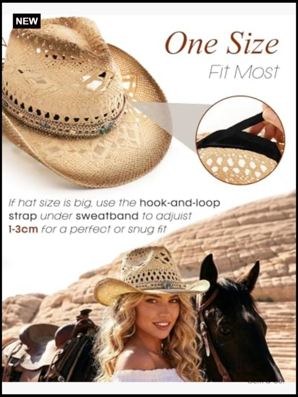 Straw Cowboy Hat with 4 Interchangeable Bands, Wide Brim, Adjustable